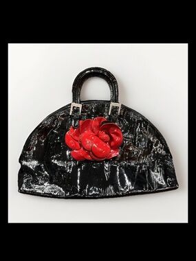 Renato Angi Venezia Black Patent Leather Red  Flower Large Satchel Handbag
